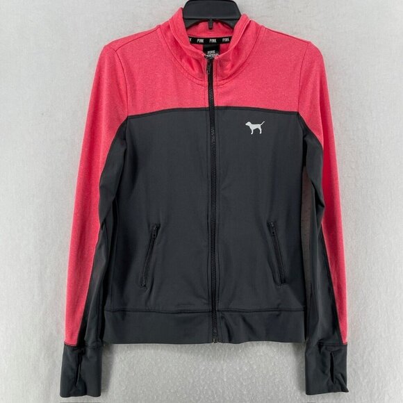 Pink Jacket Women's Sz XS Black Colorblock Full-Zip Mock Collar Printed Logo - Picture 1 of 12